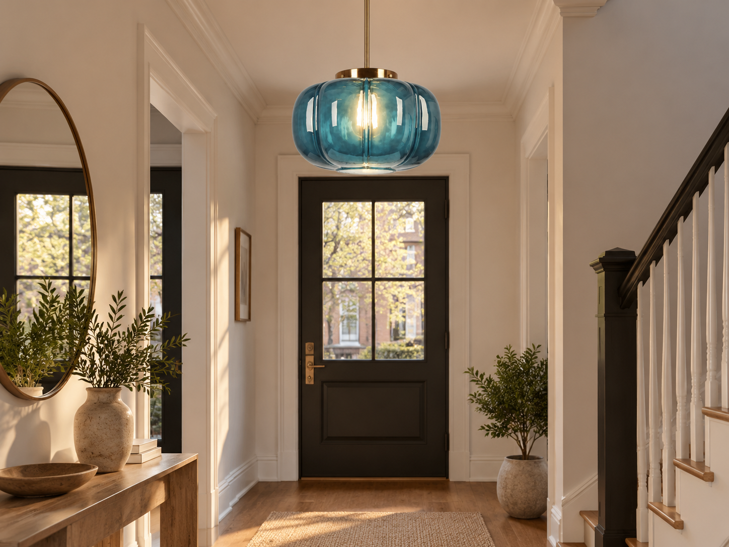Ribbed Glass Dome Pendant with blue or clear glass and ribbed texture - New2609-1024641 interior scene