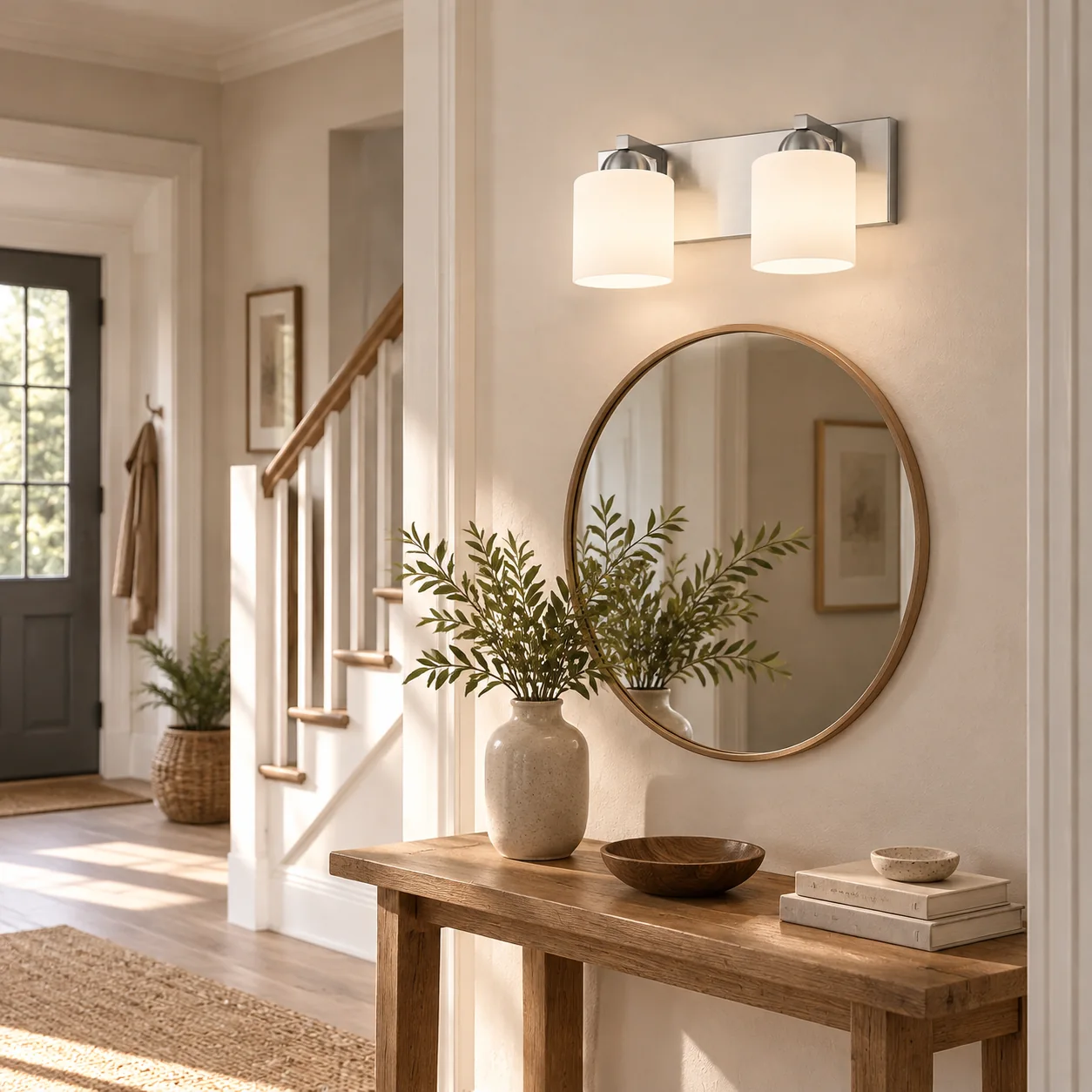Glass Bathroom Vanity Light with one to six lights and a metal wall bar - New2609-1024429 interior scene
