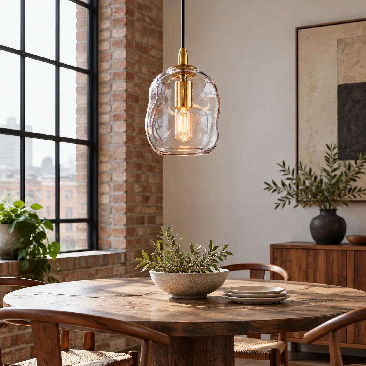 Hand-Blown Glass Globe Pendant with clear glass and a rounded shade - New2609-1024548 interior scene