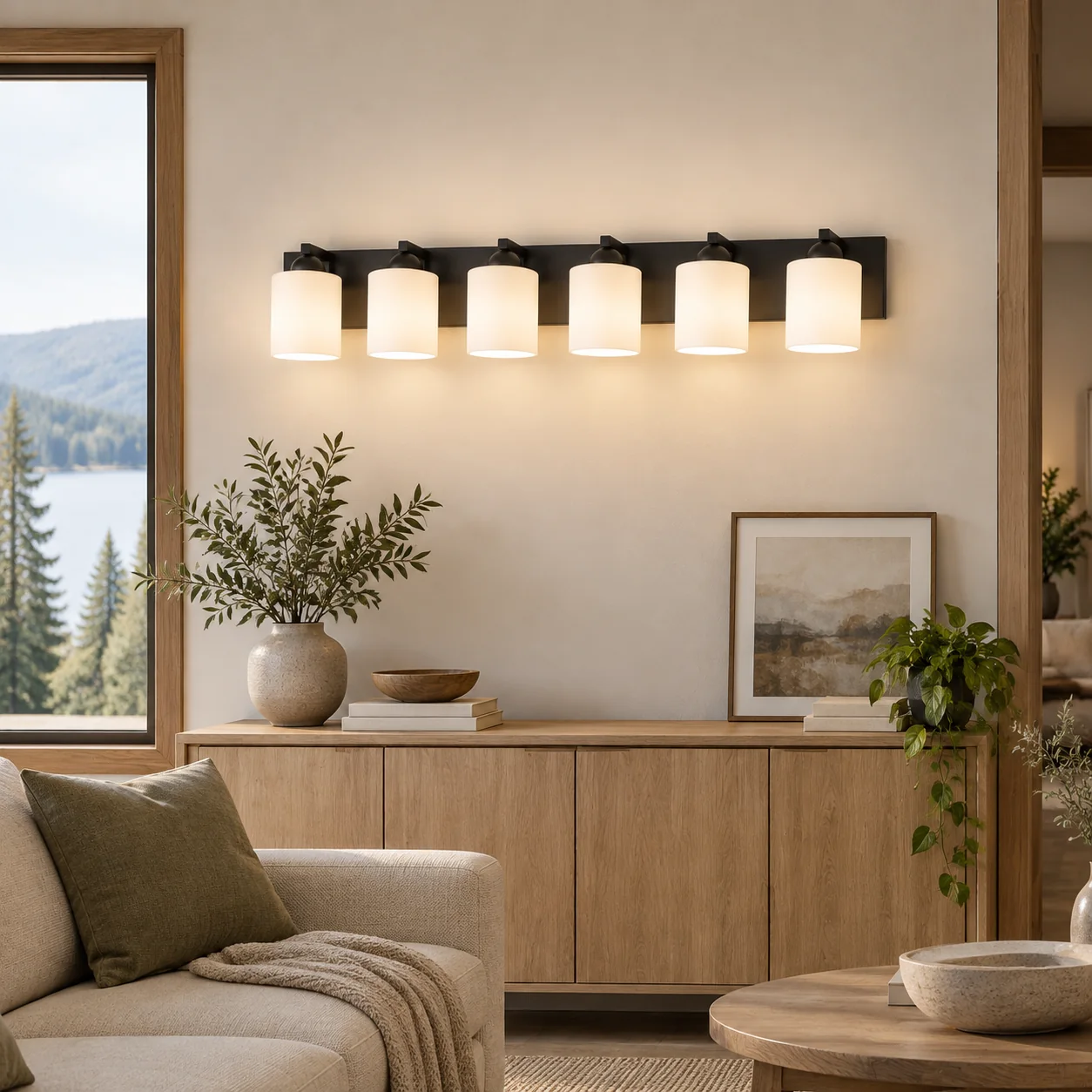 Glass Bathroom Vanity Light with one to six lights and a metal wall bar - New2609-1024418 interior scene