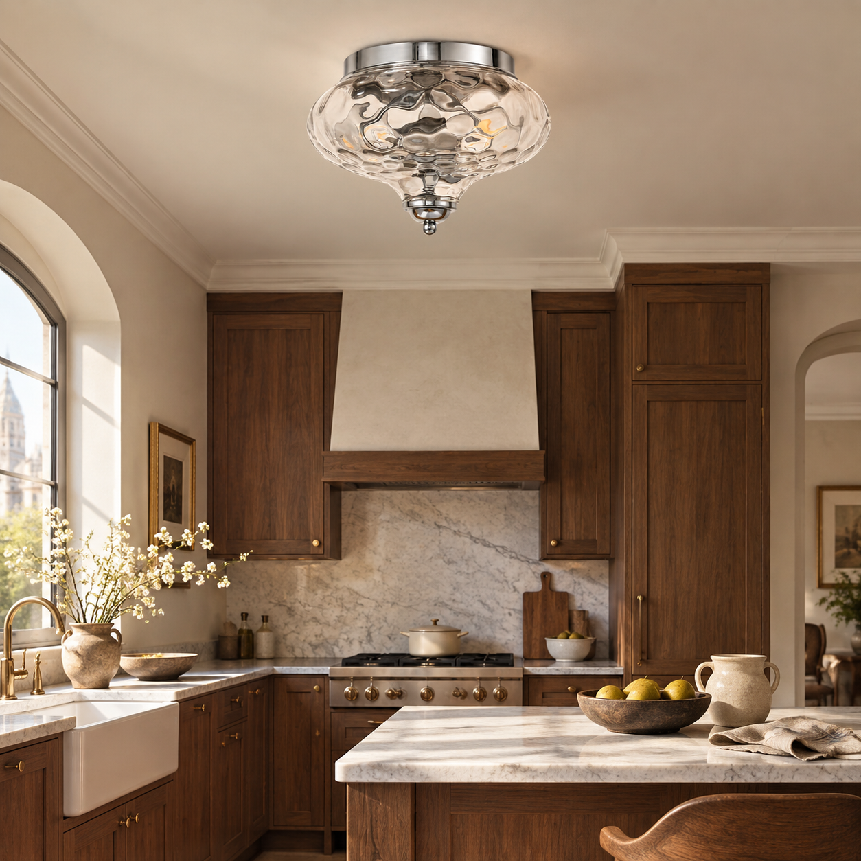 Two-Light Hammered Ceiling Light with four finishes and a broad glass cover - New2609-1024580 interior scene