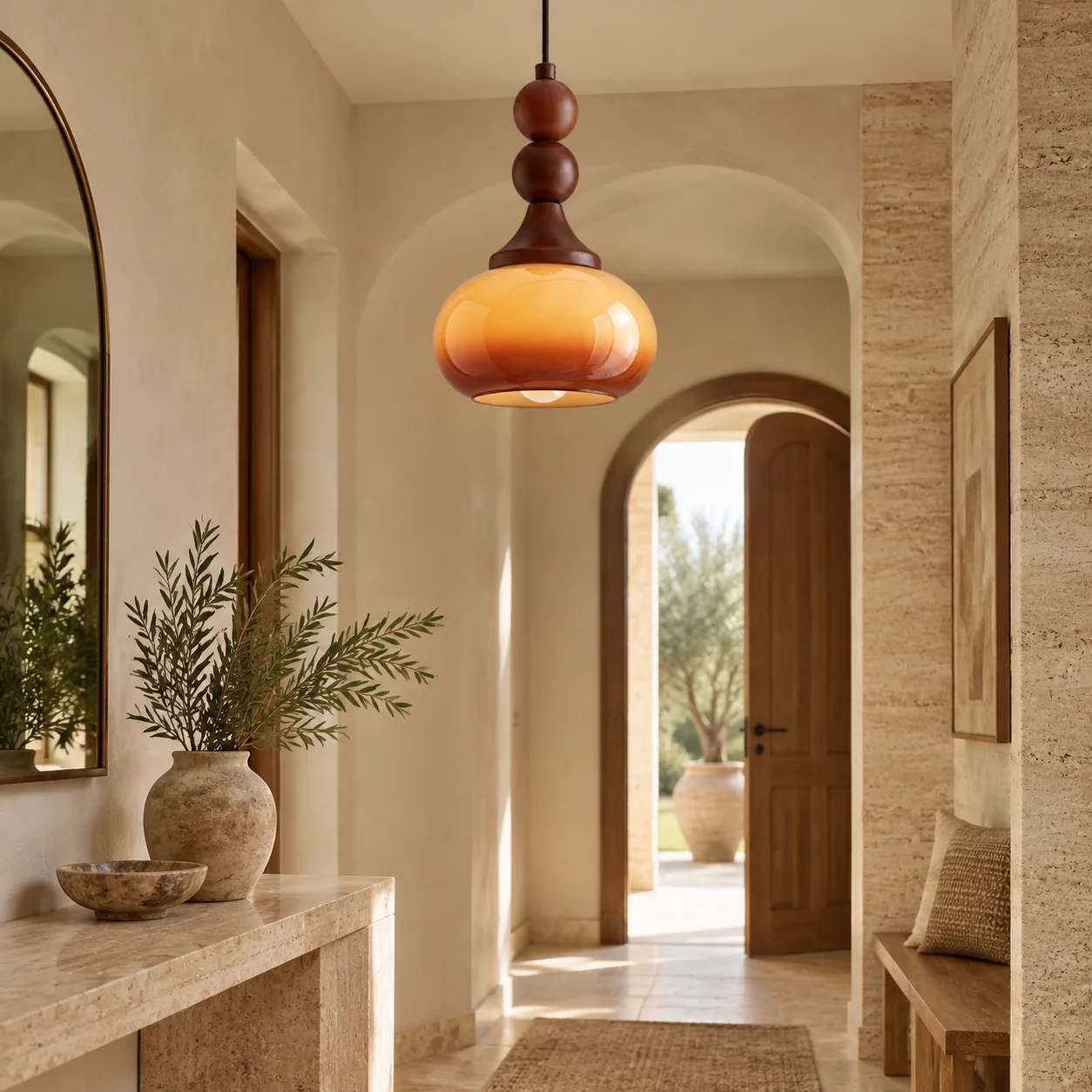 Shaped Glass Pendant Light with brown or cream and a single drop - New2609-1024583 interior scene
