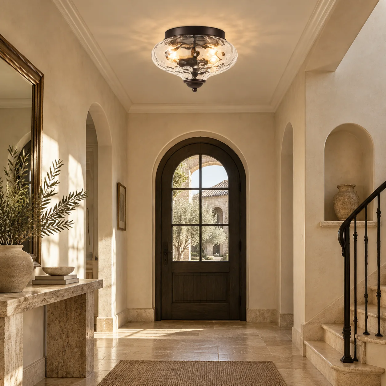 Two-Light Hammered Ceiling Light with four finishes and a broad glass cover - New2609-1024579 interior scene