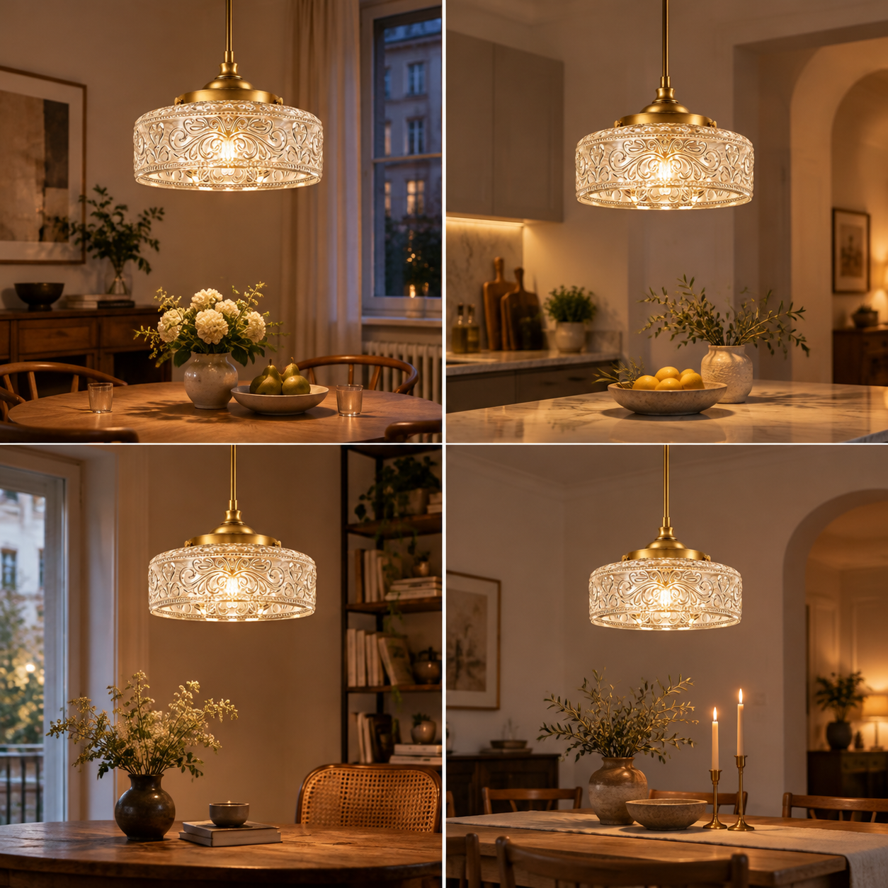 Vintage Glass Pendant Light with patterned glass and two shade sizes - New2609-1024545 interior scene