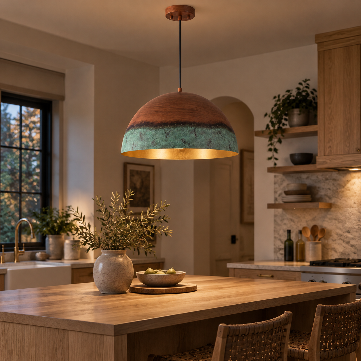 Copper Patina Dome Pendant with textured iron and a wide dome - New2609-1024557 interior scene