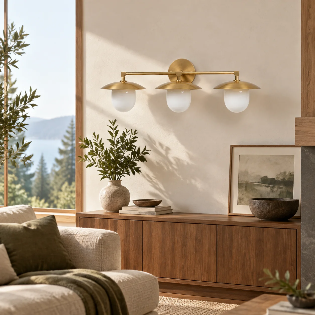 Sculptural Glass Wall Sconce with a brass finish and a metal wall mount - New2609-1024410 interior scene