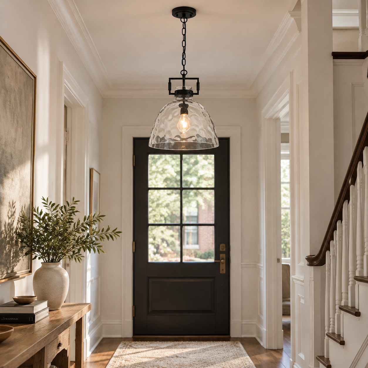 Hammered Glass Pendant Light with three metal finishes and minimal hardware - New2609-1024495 interior scene