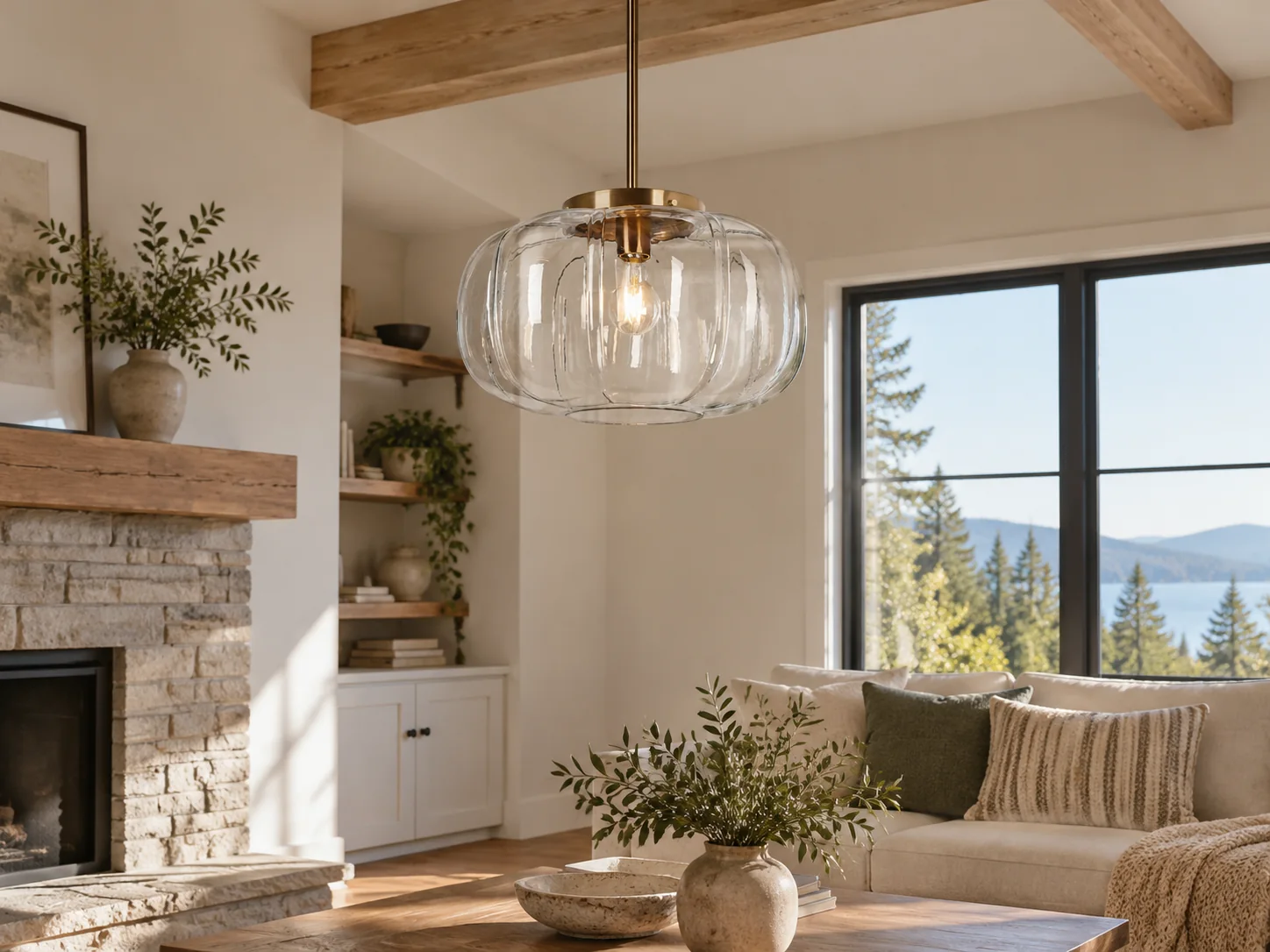 Ribbed Glass Dome Pendant with blue or clear glass and ribbed texture - New2609-1024639 interior scene
