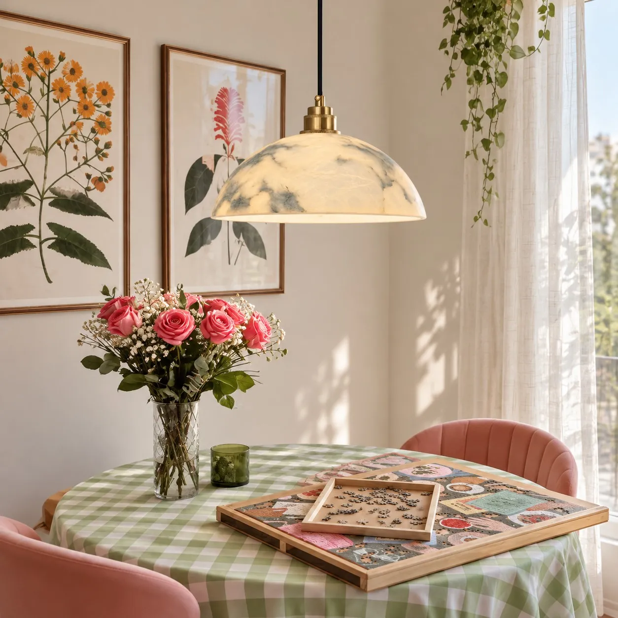 Aurora pendant above a round dining table