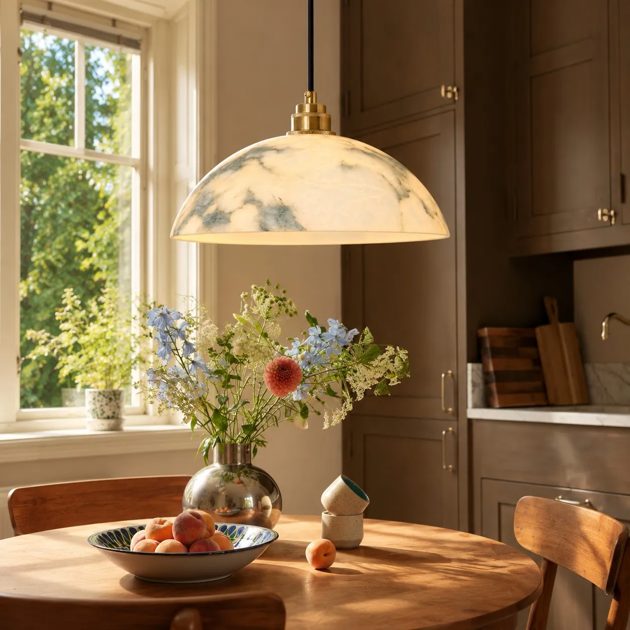 Aurora alabaster pendant in a kitchen breakfast area