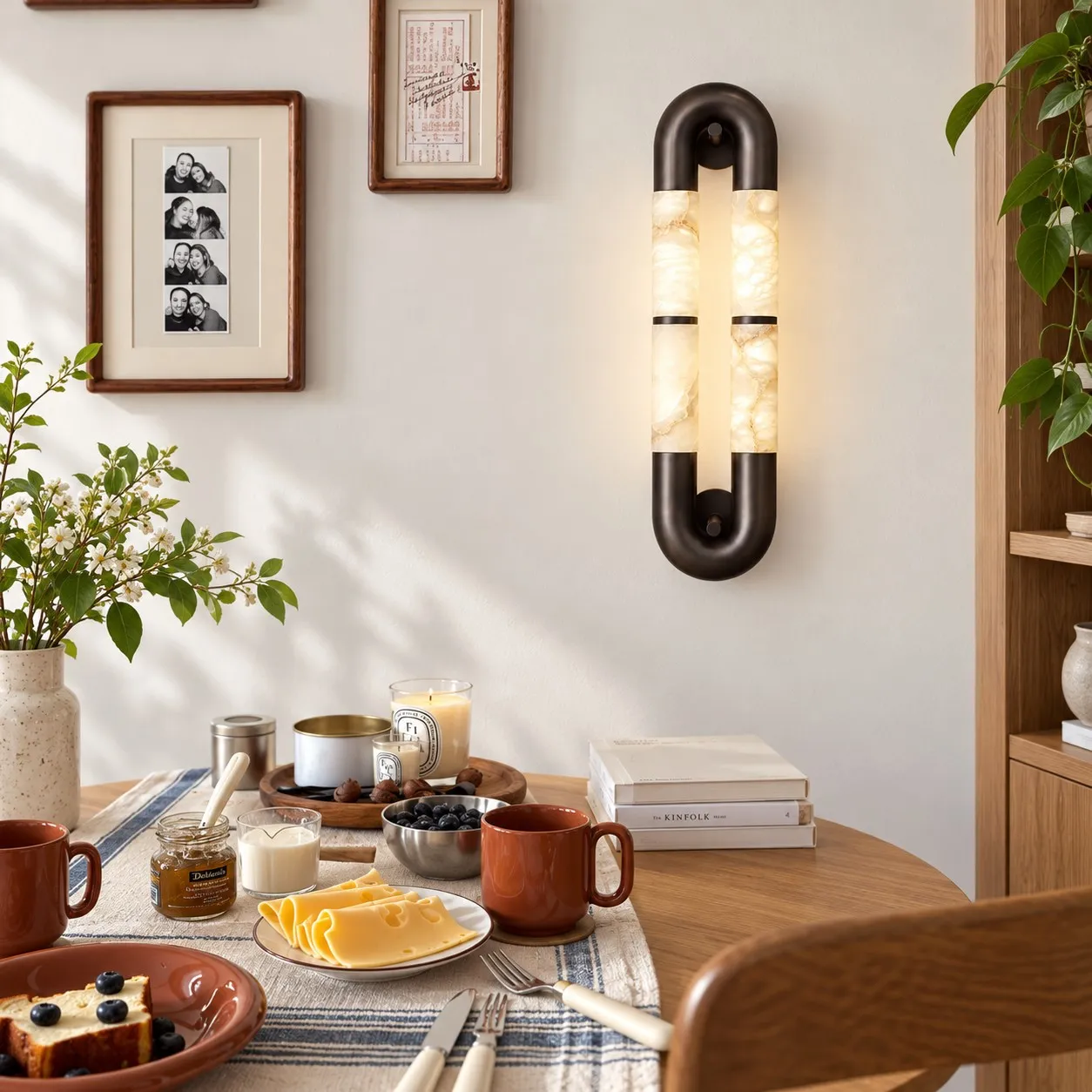 Velora alabaster wall sconce in a dining area