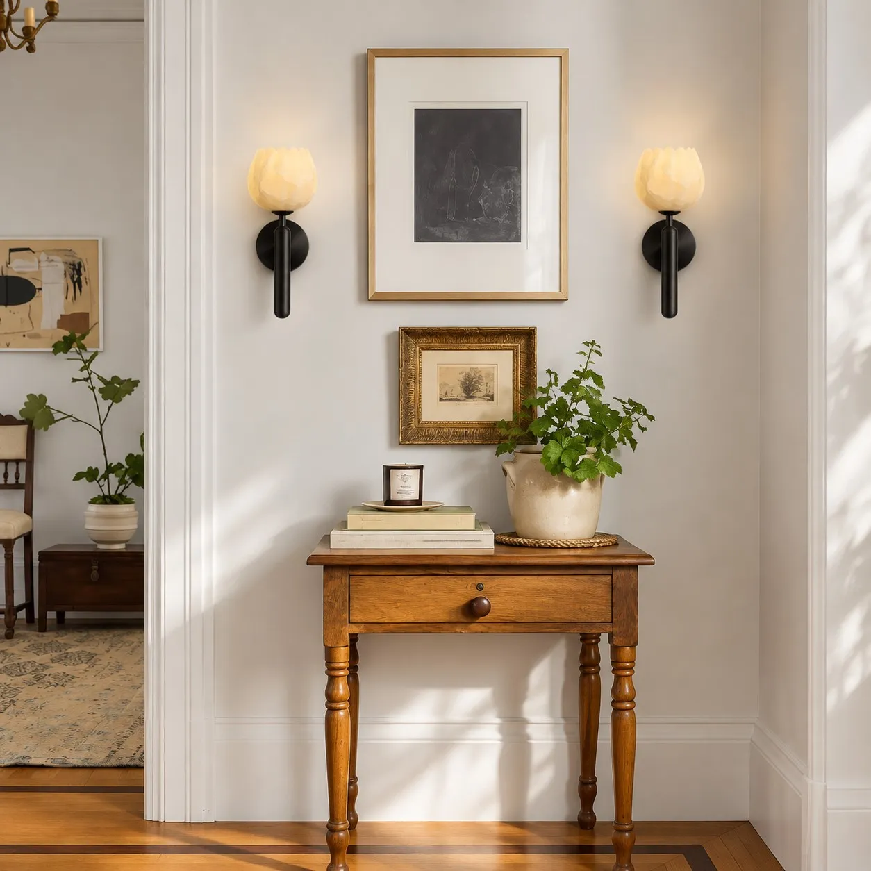 Aurora alabaster tulip wall light scene black hallway