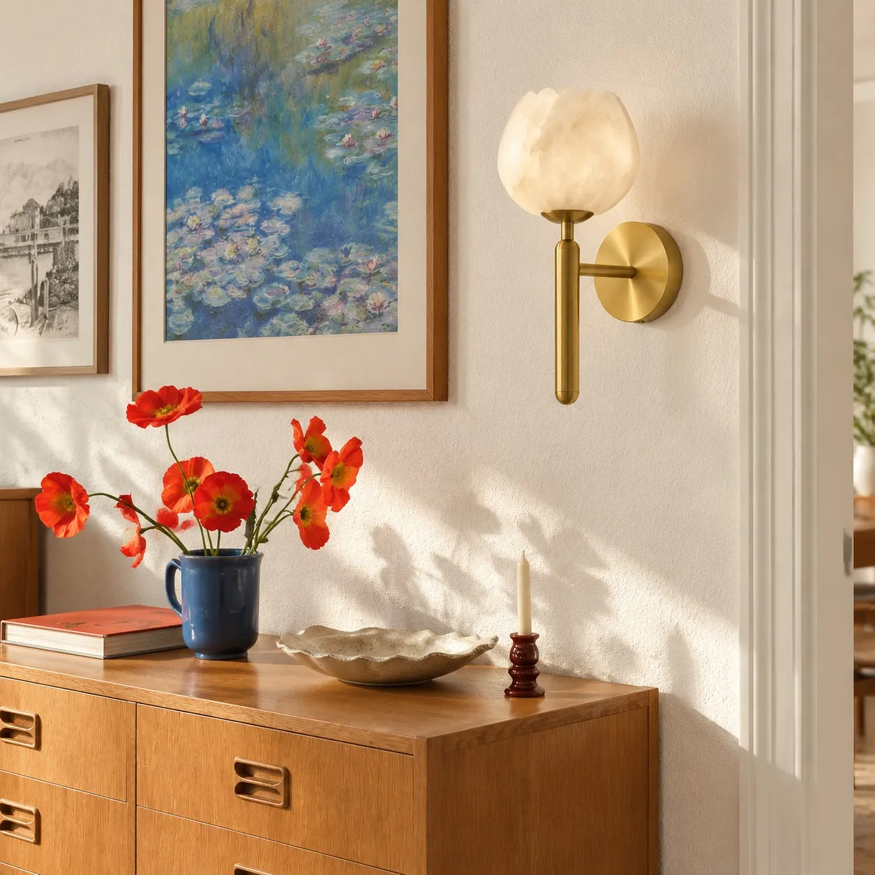 Aurora alabaster tulip wall light scene brass console