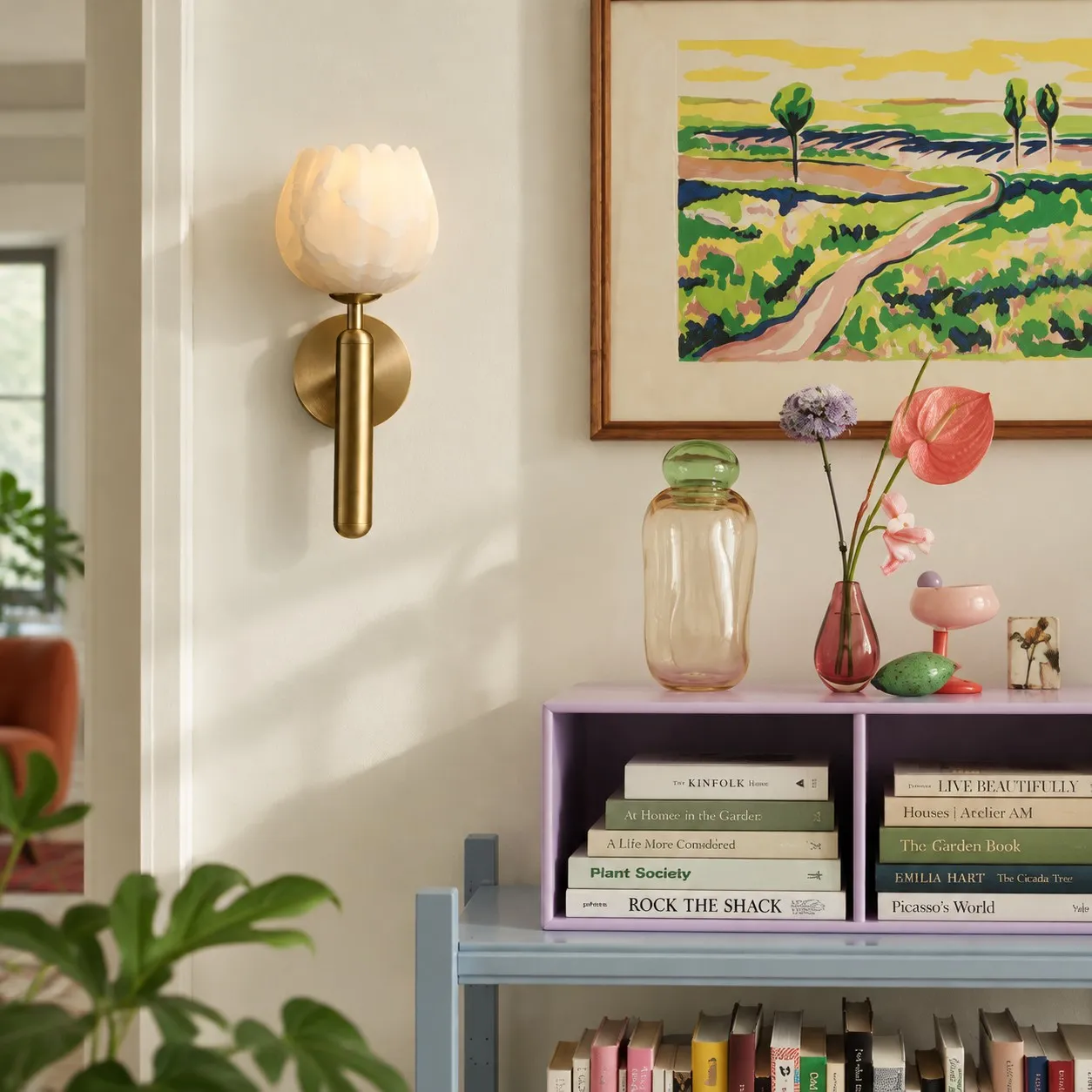 Aurora alabaster tulip wall light scene brass shelf