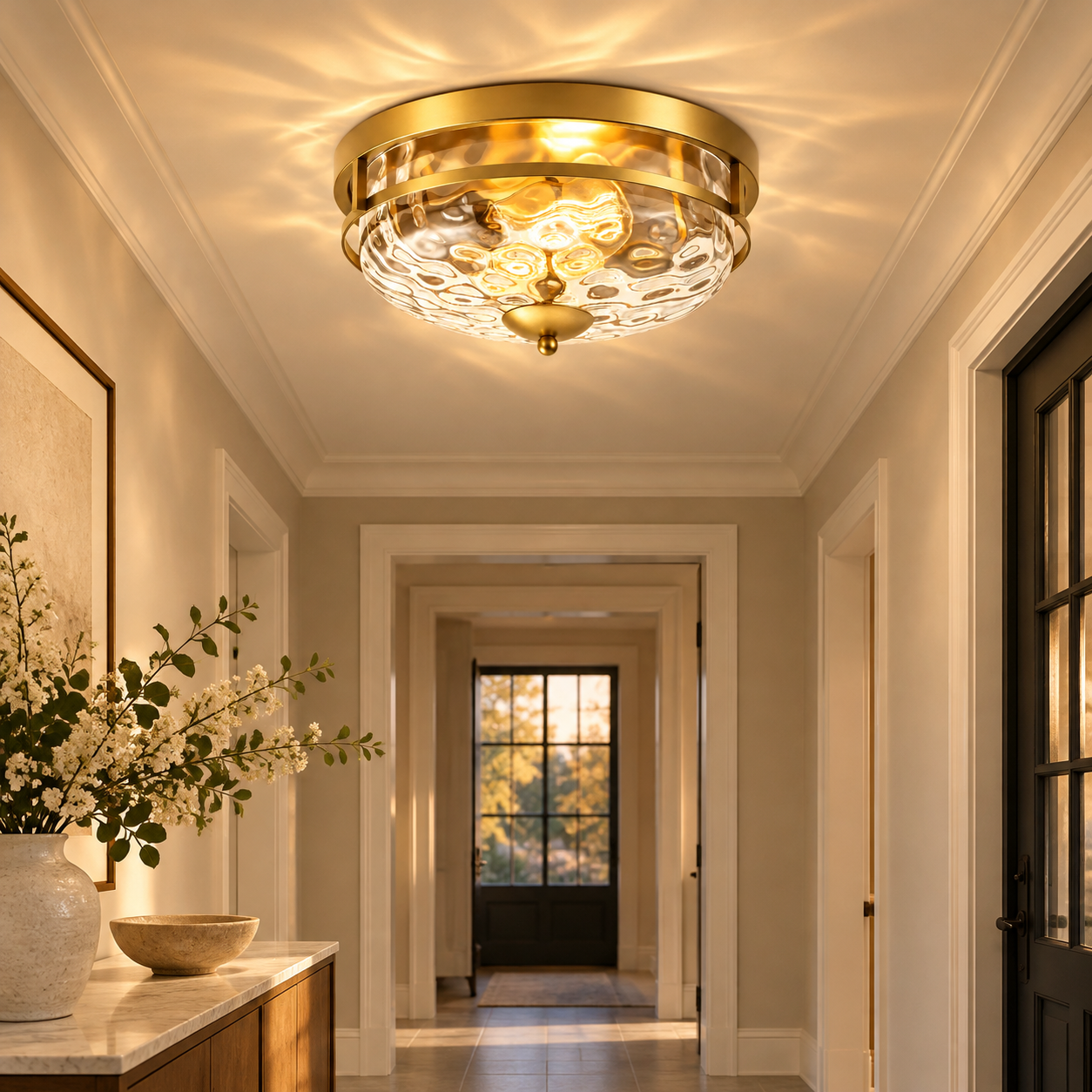 Hammered Glass Flush Ceiling Light with rippled clear glass and a broad glass shade - New2609-1024589 scene 4