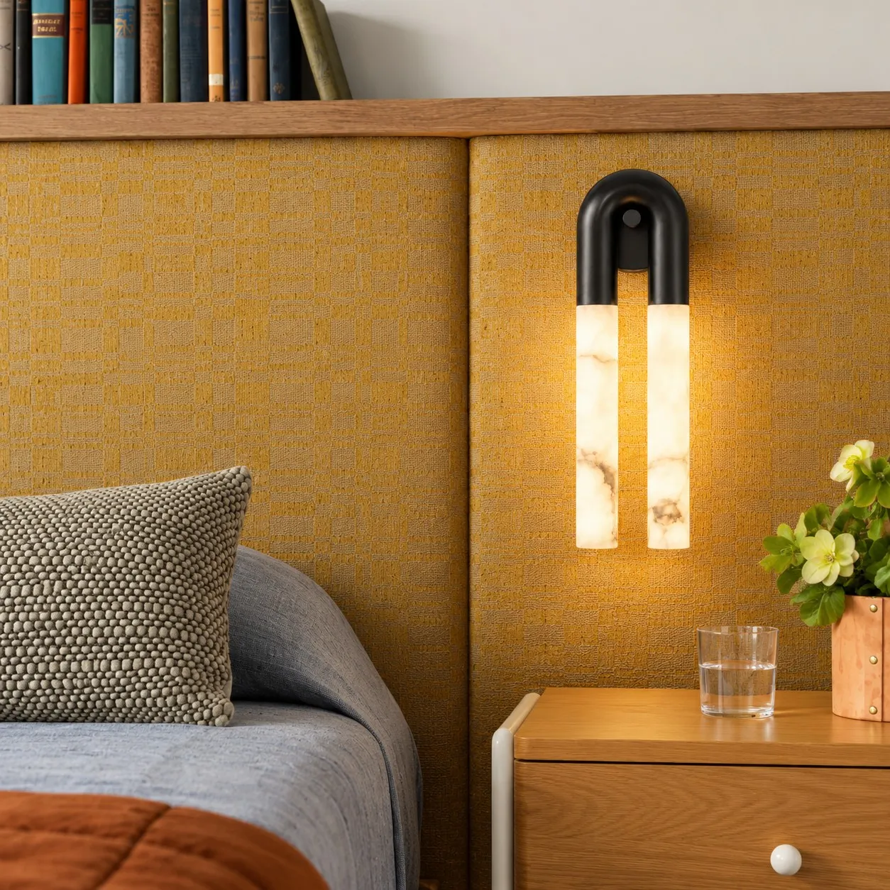 Velora black alabaster wall light beside a bed