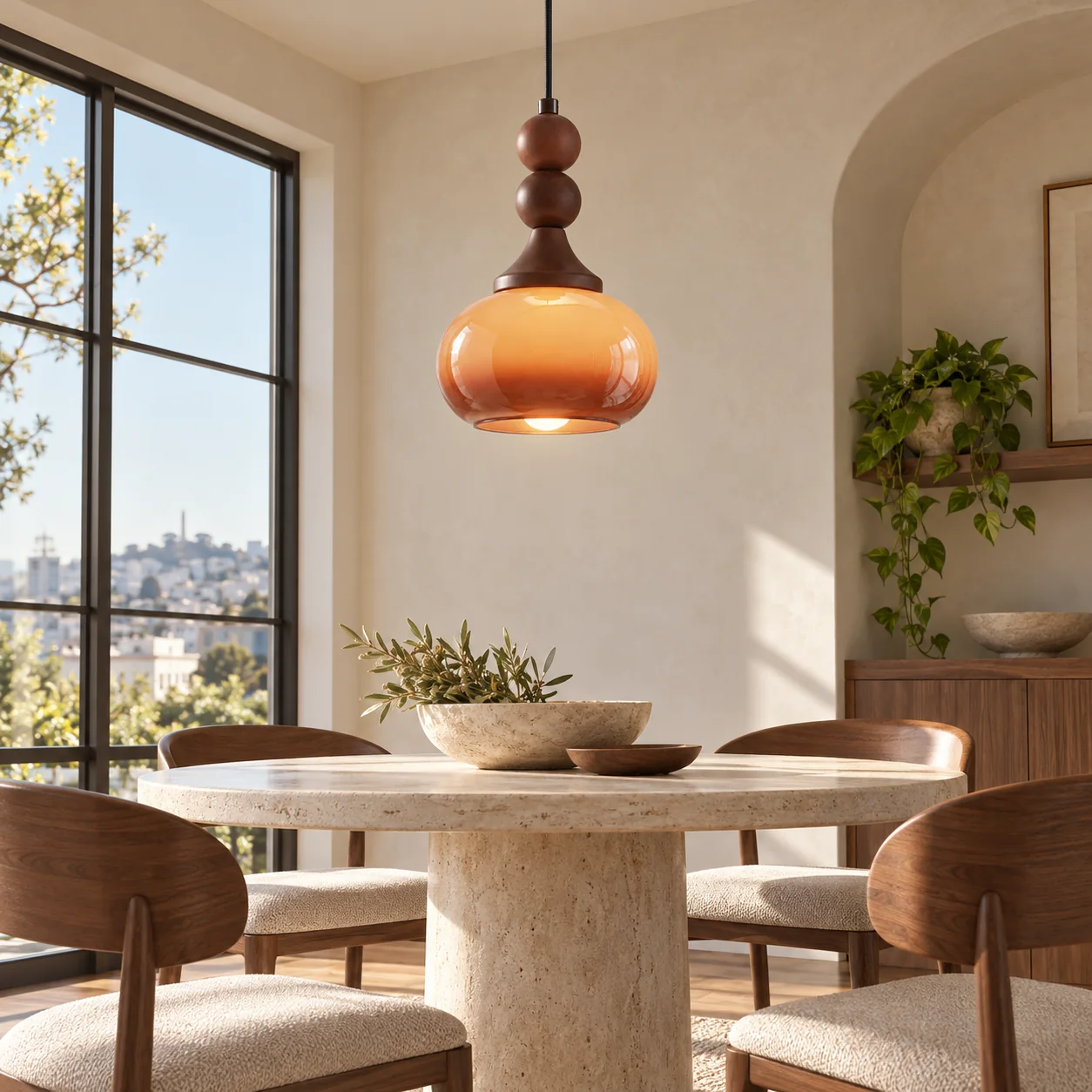 Shaped Glass Pendant Light with brown or cream and a single drop - New2609-1024583 scene 3