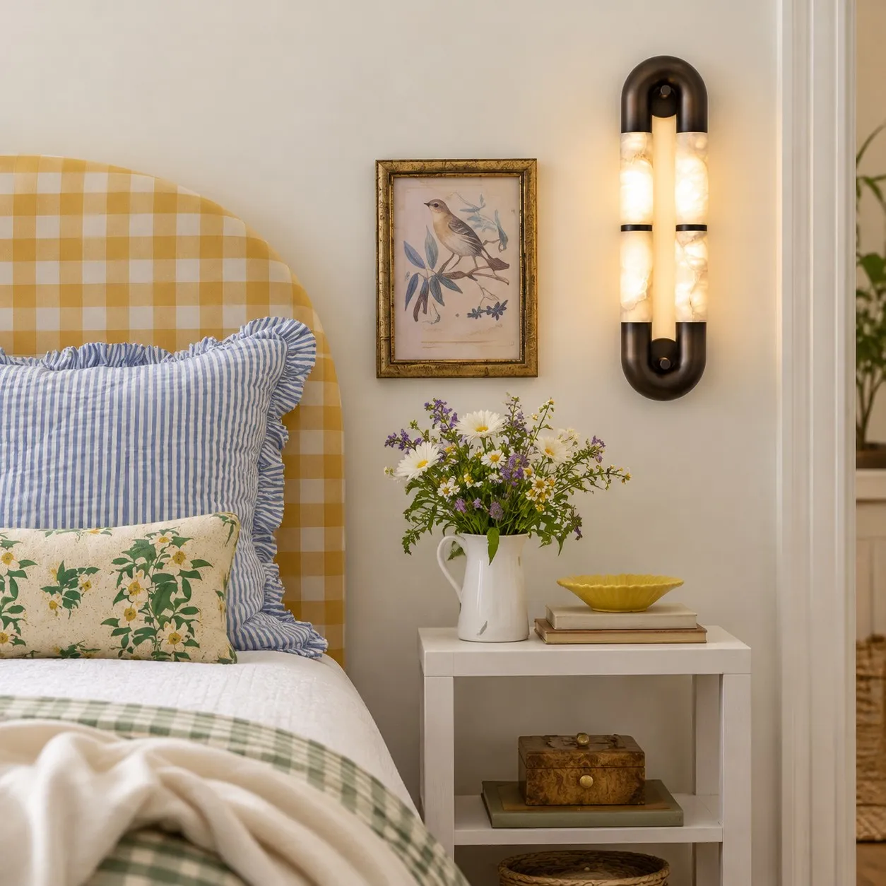 Velora alabaster wall sconce in a bedroom