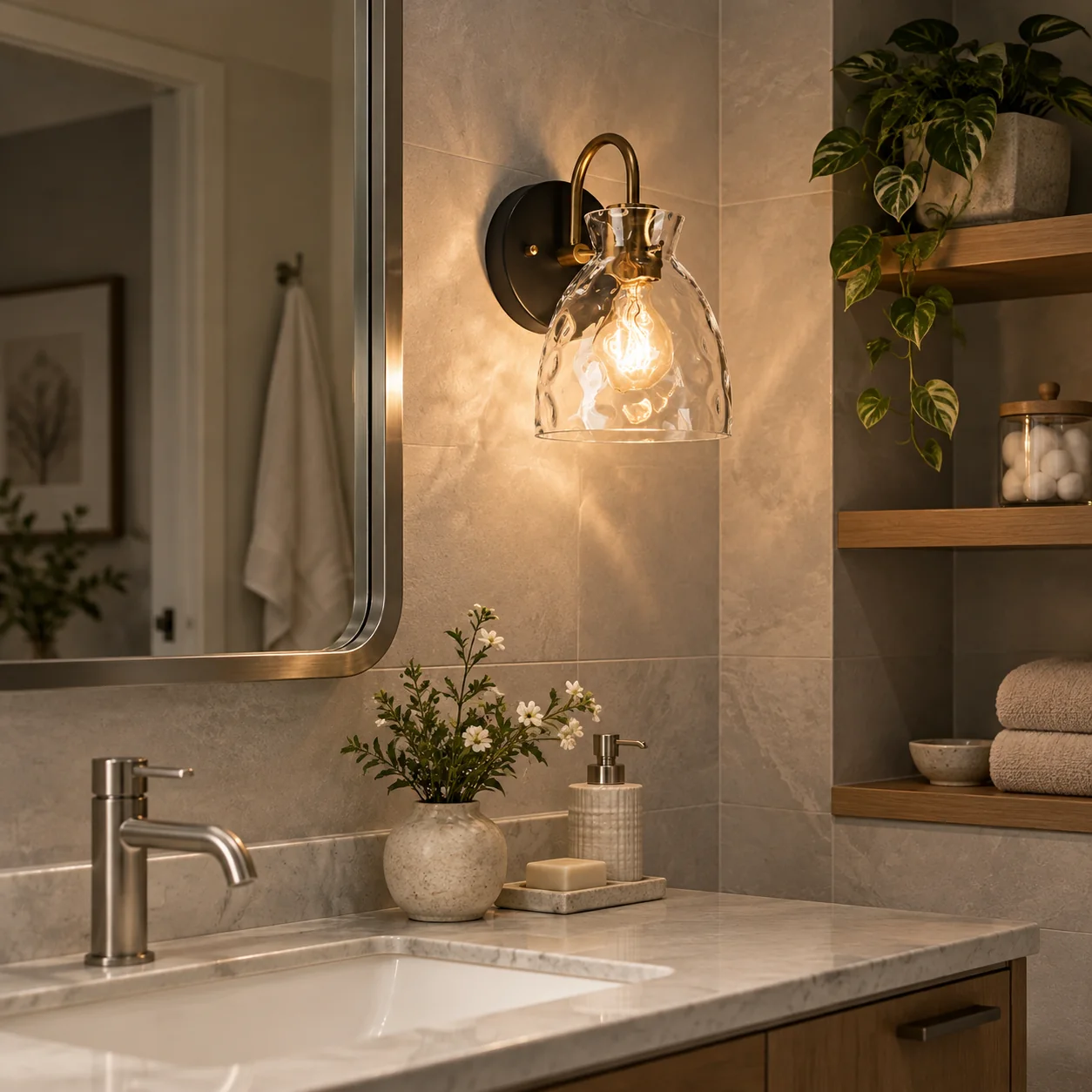 Textured Glass Wall Sconce with a clear shade and a visible bulb - New2609-1024567 scene 2
