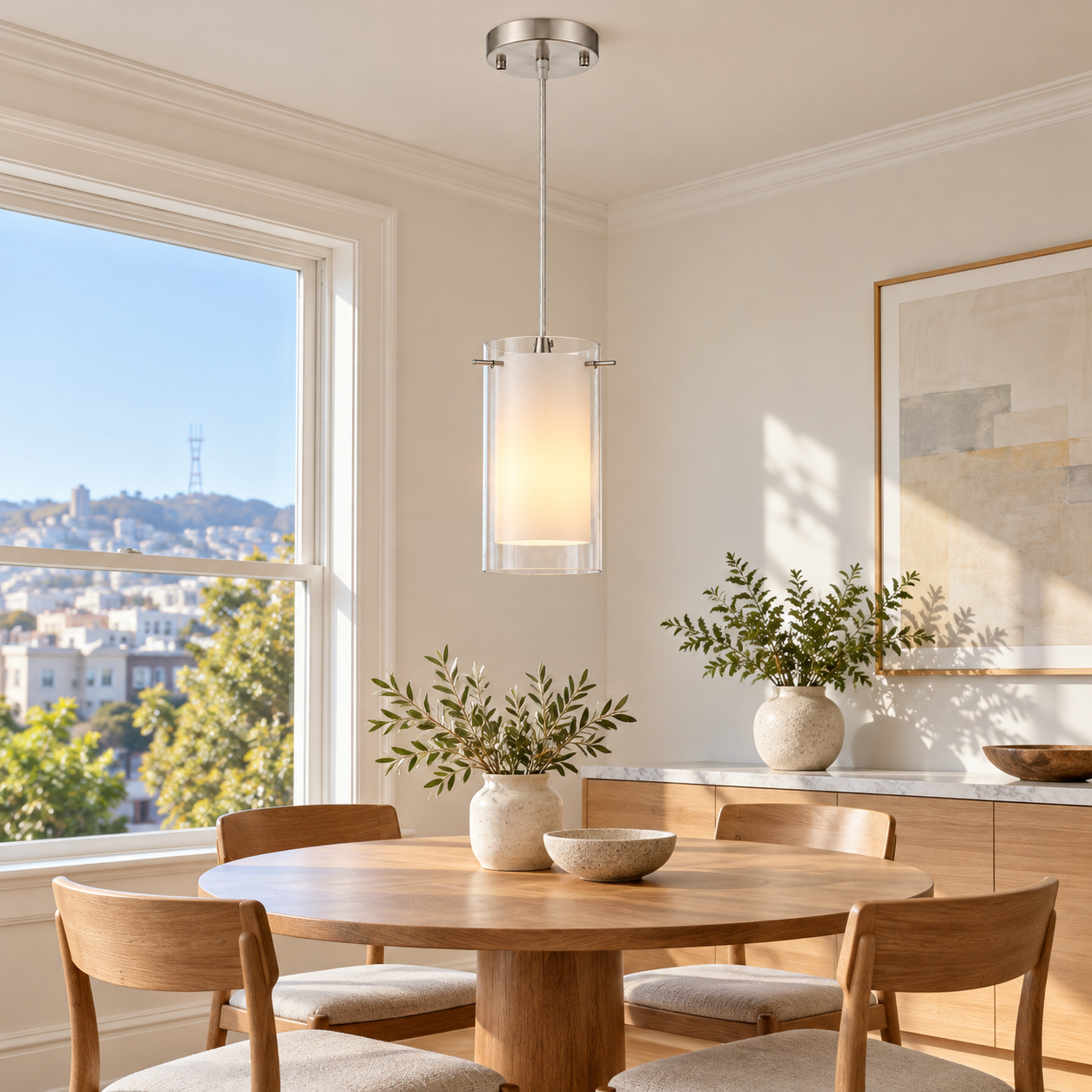 Double Glass Pendant Light with clear and white glass and a modern profile - New2609-1024586 scene 4