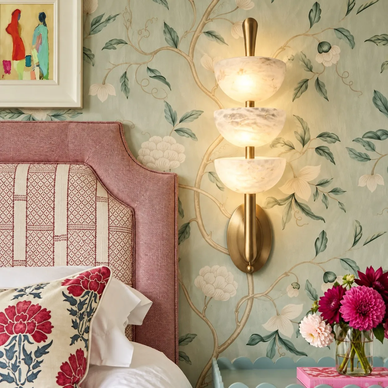 Velora alabaster wall sconce in a bedroom