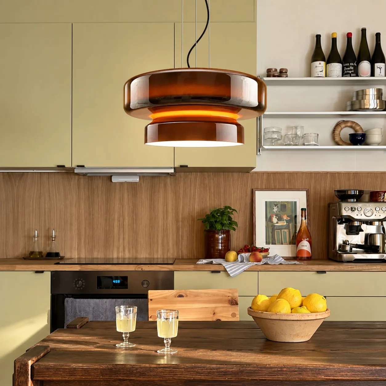 Koloro amber glass pendant in a kitchen