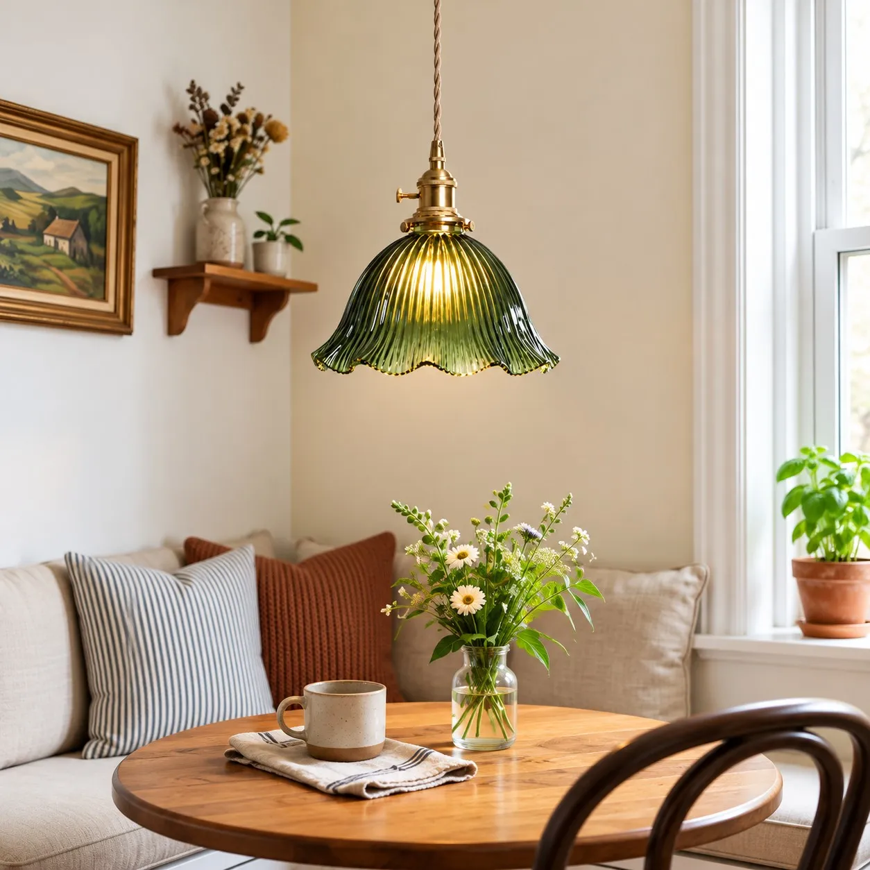 Blossix green glass pendant beside a window seat