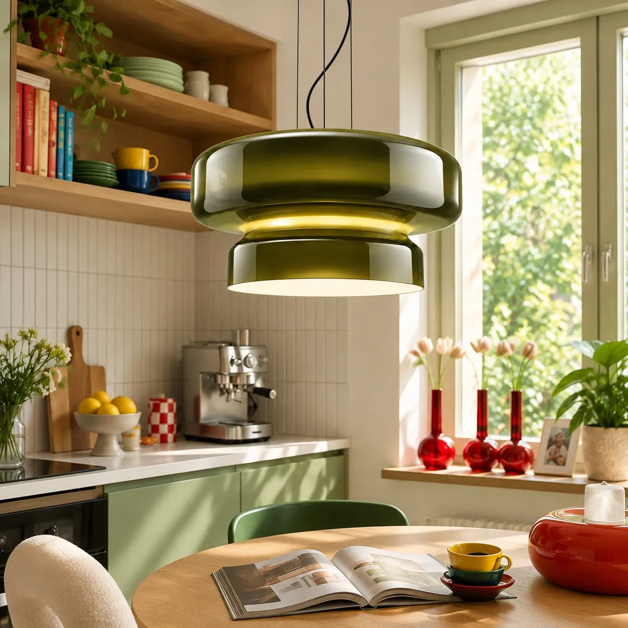 Koloro green glass pendant in a kitchen