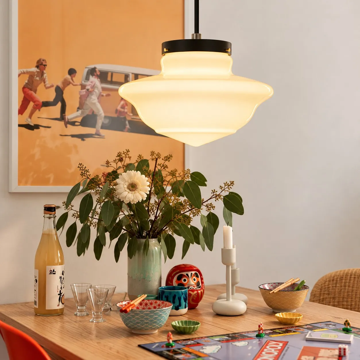 Vexrona milk glass pendant above a round dining table