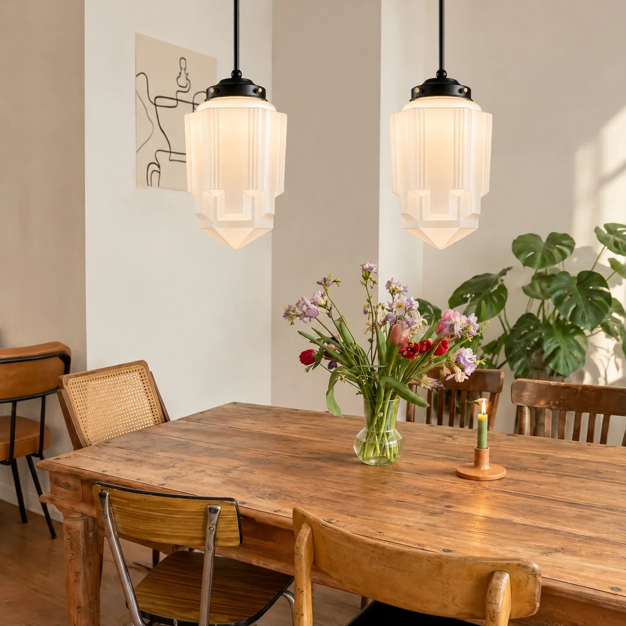 Vexrona milk glass pendant above a dining table