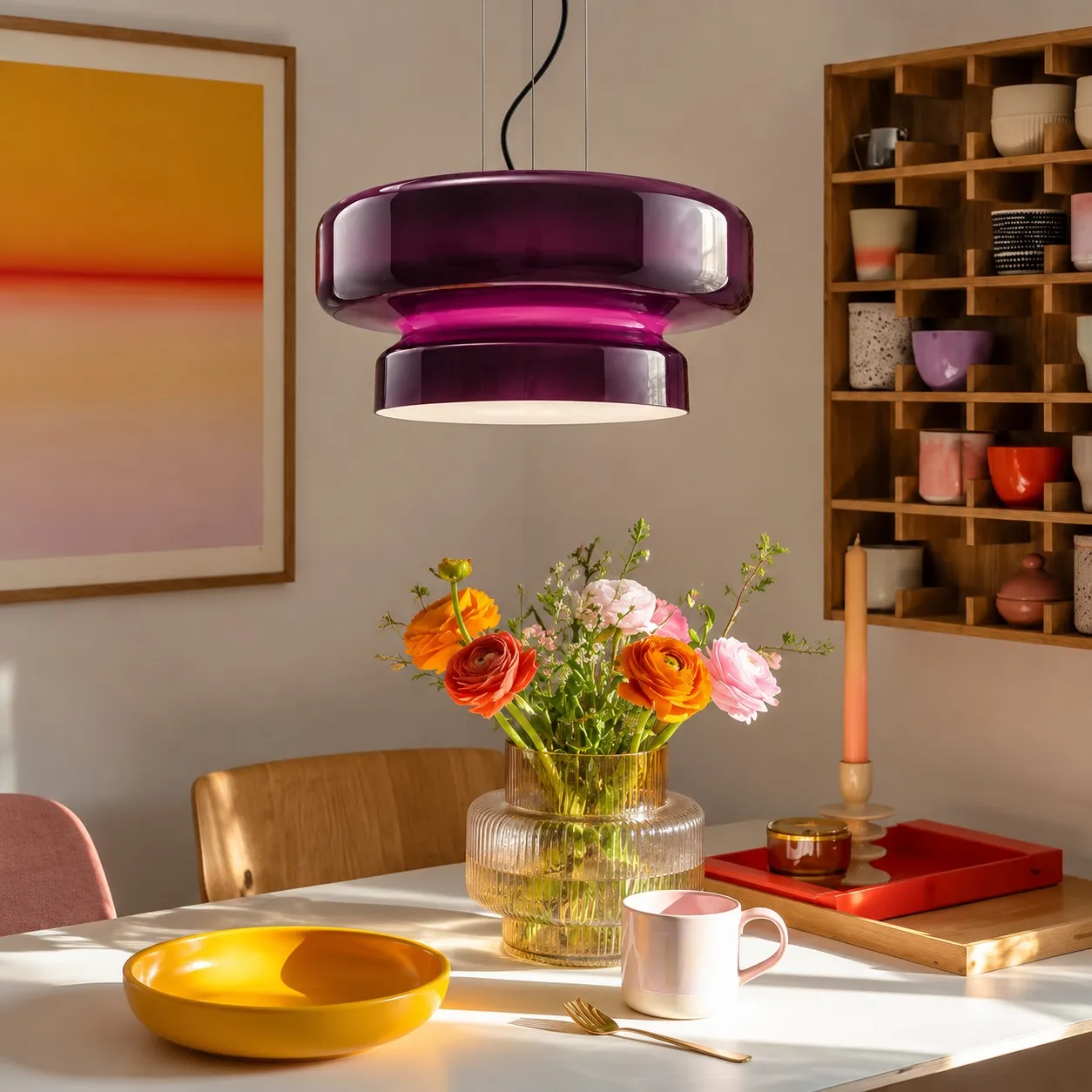 Koloro purple glass pendant above a dining table