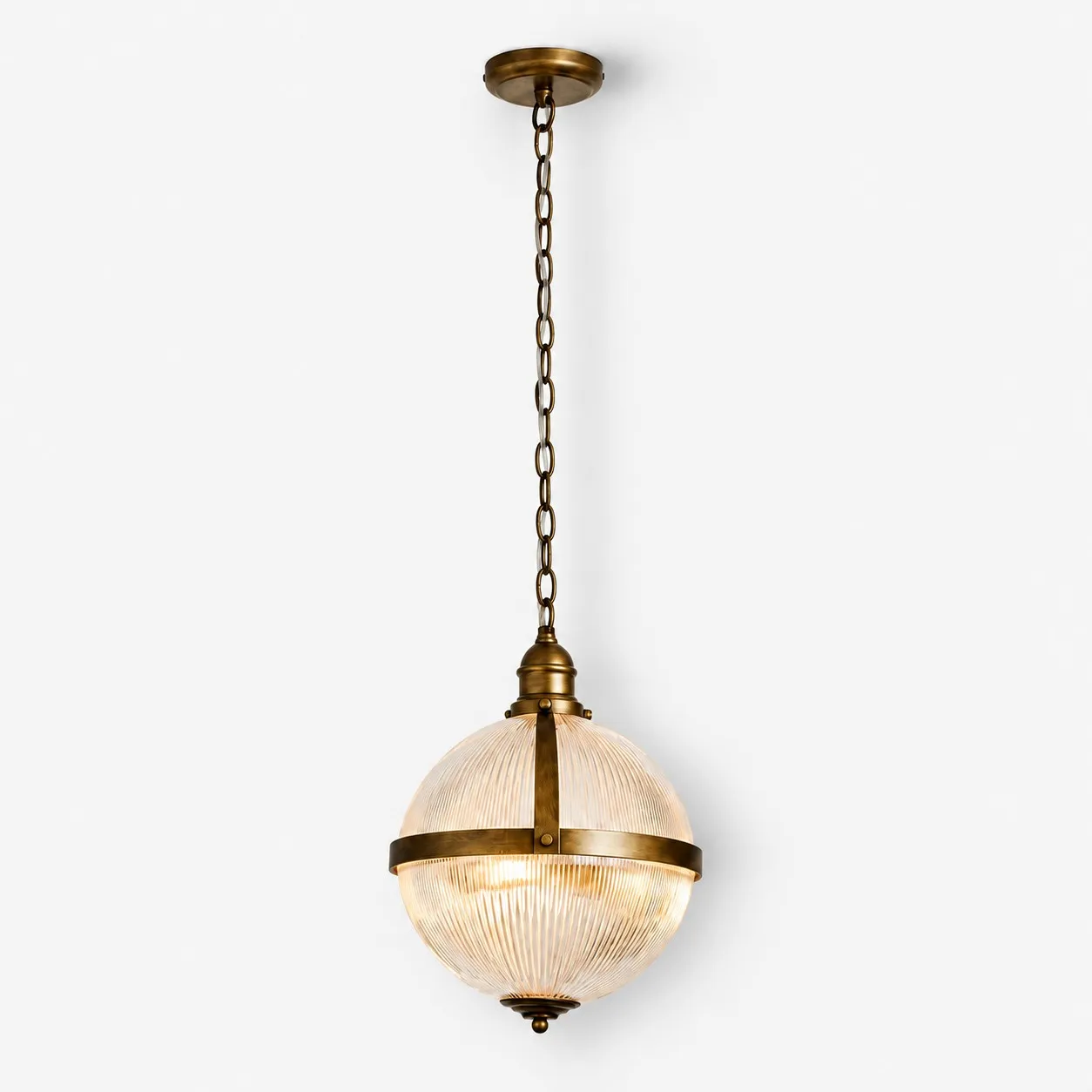 Ribella ribbed glass globe pendant in antique brass