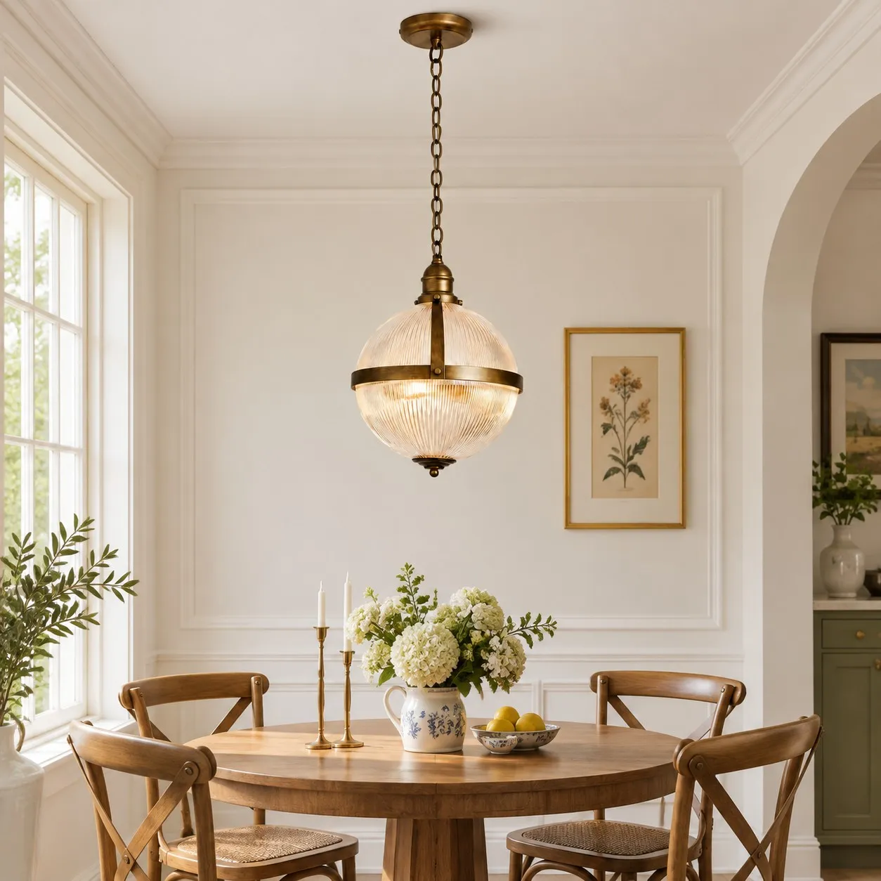 Ribella glass globe pendant above a round dining table