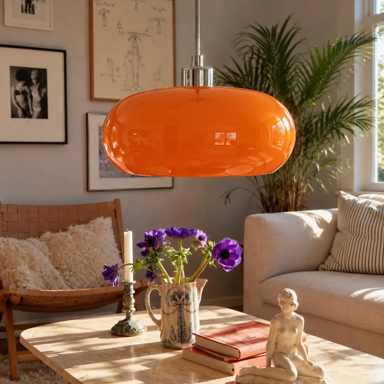 Opalora deep orange glass pendant in a living room
